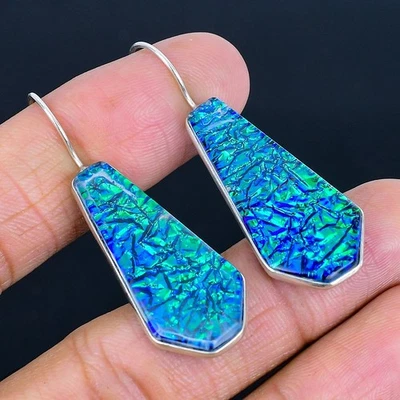 Pendientes hechos a mano enchapados en plata 925 ópalo triple azul de 1,97" Foto 1 de 3