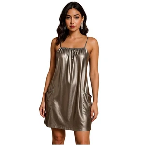 Poleci Y2K Metallic Mini Silk Dress Size 4 - Picture 1 of 7