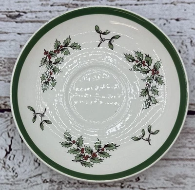 Spode Christmas Tree Saucer Plate Green Holly Berry Rim England 3244-A - Image 1 of 2