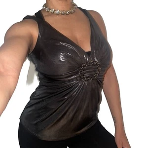 Cache Women Sz M VTG Y2K Pewter Metallic Pendant Sleeveless Blouse Top Lined USA - Picture 1 of 5