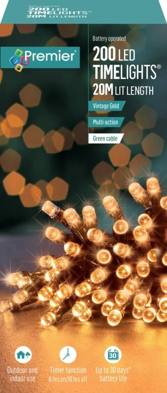 Premier 200 LED Battery Multi-Action Christmas Tree Lights Timer - VINTAGE GOLD - Image 1 of 1