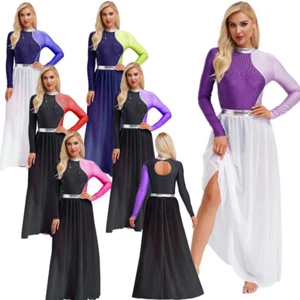 Women 2 Piece Outfit Lyrical Dance Skirt Costume Long Sleeve Dress Dancewear - Picture 1 of 80