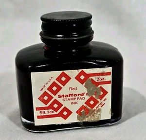 Vintage RED Stamp Pad Ink 2 oz Full Staffords USA Made Glass Bottle Reeves - Picture 1 of 13