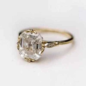 Women's 3Ct Asscher Cut Moissanite Engagement Ring 14K Yellow Gold Plated SZ 5 - Picture 1 of 9