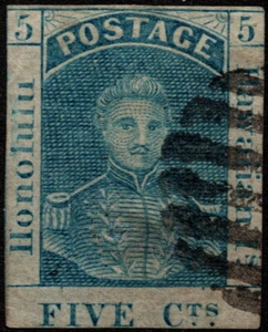Hawaii - 1861 - 5 Cents Blue King Kamehameha III Thin Blue Paper # 9 Neat Cancel - Picture 1 of 1