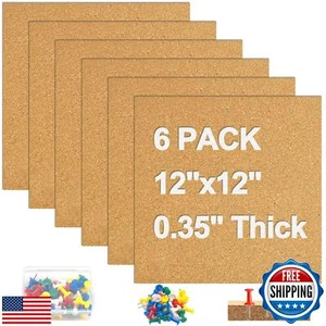 6 Packs Cork Board Tiles 12" x 12", 0.35" Thick Self-Adhesive Cork Boards for - Picture 1 of 5