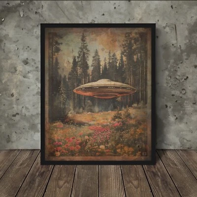 Vintage UFO FOREST BOTANICAL Wall Art, Sci-fi Flower Decor, ALIEN Nature Poster - Image 1 of 4