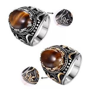 Stainless Steel Gold Plated Oval Tiger Eye Stone Ring Biker Band Size 7 9-13 Men - Picture 1 of 17