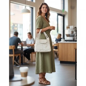 Bolso de Hombro Vintage Marfil Cartera Bolso de Mano Adjunto Espejo Abatible Monedero - Imagen 1 de 11