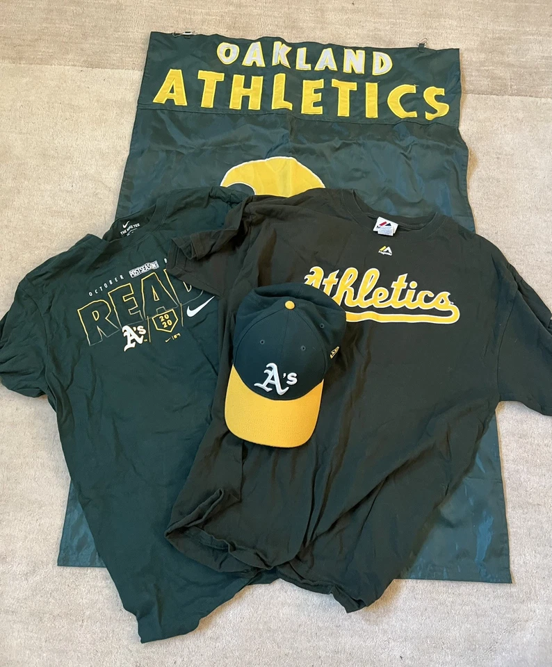 VINTAGE MLB OAKLAND ATHLETICS A'S STRETCH FIT L/XL HAT CAP, 2 Shirts and Flag - Image 1 of 4