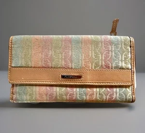VTG Fossil Women’s Pastel Greens & Pink Checkbook Tan Leather Trim Canvas L@@K - Picture 1 of 9