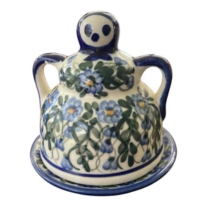 Boleslawiec Blue Yellow Polish Pottery Nature Cheese Lady Butter Keeper 4.25" - Picture 1 of 3