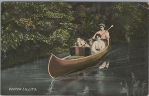 Seerosen Kanu Fluss Mädchen auf Bootsfahrt geteilt hinten Vintage Postkarte - Bild 1 von 3