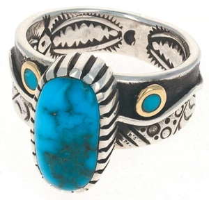 9.25 - Natural Morenci Turquoise Ring With 18K Gold Inlay By Michael Roanhorse - Picture 1 of 3