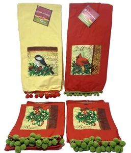 CRACKER BARREL CHRISTMAS Towels Kitchen Hand w/ Tassels Holiday Bird & Holly NEW - Picture 1 of 4