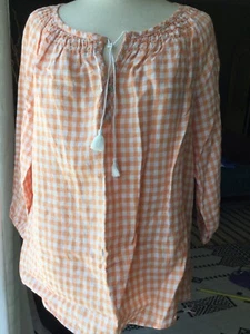 NWT Jones New York Woman 100% Linen 3/4 raglan sleeve check Blouse Size L - Picture 1 of 17