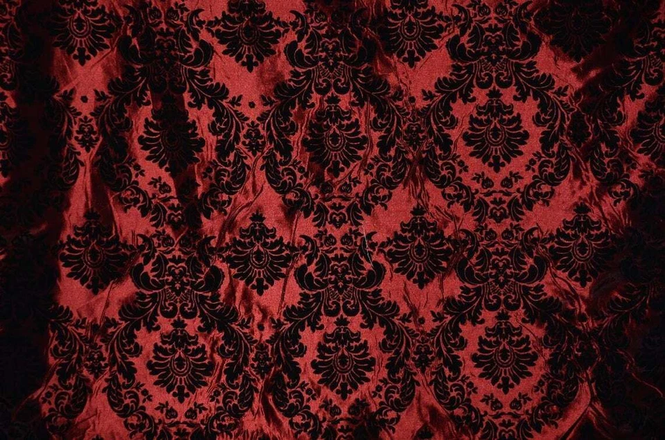 Damask taffeta velvet flocked burgundy dress home decor apparel curtains - Image 1 of 1