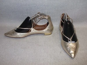 Aquazzura Firenze Gold Leather Christy Lace Up Pointed Toe Flats size 38 - Picture 1 of 10