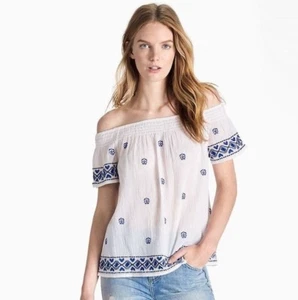 LUCKY BRAND XS S M Blouse Off Shoulder Embroidered Cotton Gauze Peasant Smocked - Picture 1 of 4