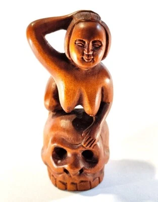 Y8285 - 2 英寸手工雕刻方木网介 - 美丽的艺妓女人和头骨 — 第 1/4 张图片