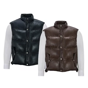 Men's Puffer Leather Waistcoat Padded Lambskin Leather Casual Vest Style Jacket - Picture 1 of 5