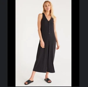 Z Supply Size S/M Elisha Rib Henley Jumpsuit Black Sleeveless Wide Leg Relaxed - Picture 1 of 10