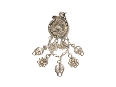 Broche prendedor filigrana pájaro con flores colgantes 1000 plata fina pura 4" Foto 1 de 4