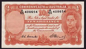 Ten Shillings Australian Banknote 1949 Coombs Watt R14 A/63 - Foto 1 di 2