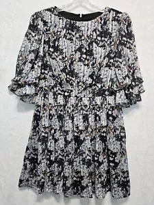 Lulus Black Silver Metallic Floral Balloon Sleeve Lined Skater Mini Dress Sz L - Picture 1 of 13