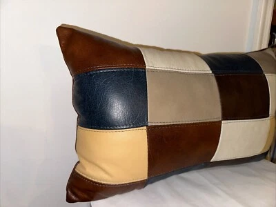 Decorative Patchwork Leather Pillow Cover 20x12 Blue Brown Beige White New - Image 1 of 4