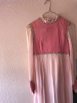 Vintage Pink Dress Empire Waist Sheer Skirt & Sleeves Handmade OOAK COTTAGECORE - Image 1 of 4
