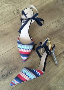 JCrew Elsie Geometric Ankle-Tie Pumps Sz 7 Red White Navy F1305 New - Picture 1 of 11