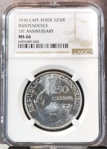 1976 CAPE VERDE SILVER 250 ESCUDOS INDEPENDENCE ANNIV NGC MS 66 RARE GEM BEAUTY - Picture 1 of 3