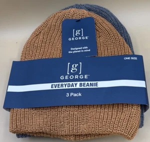 3-Pack GEORGE Men’s One Size Everyday Beanie Set Rib Knit • Copper Brown Gray - Picture 1 of 5