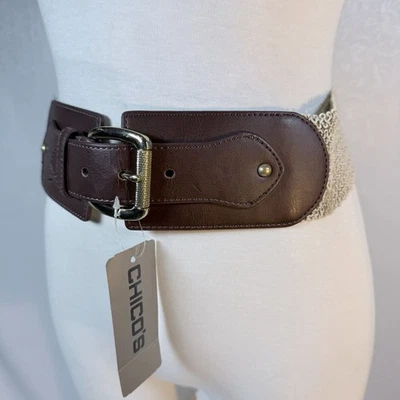 Chico's 皮带女式 S/M 棕褐色弹力带棕色皮革标签金色扣新品 — 第 1/4 张图片