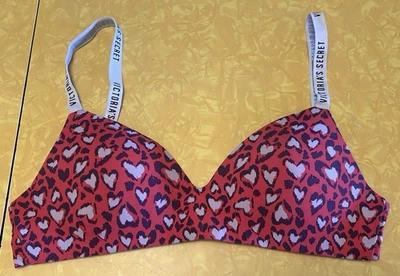 Victoria Secret Bra Womens 34D Red T-Shirt Lightly Lined Wireless Heart Print - Image 1 of 4
