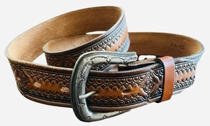 Vtg Tooled Cowhide Leather Silver Tone Buckle Western Country Music Men Sz 34 - Picture 1 of 5