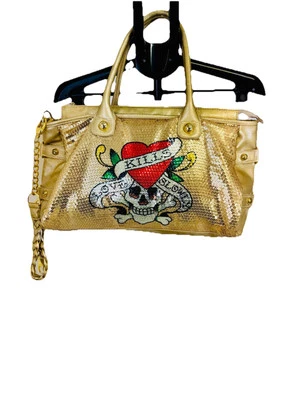 Bolso de Mano Cartera Grande Ed Hardy Love Kills Suavemente Tatuaje Arte Estrás Bling Y2K Foto 1 de 4
