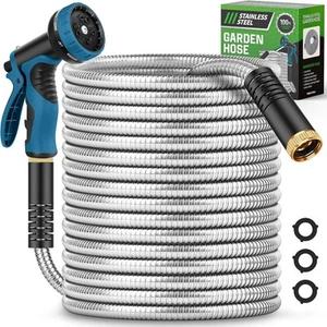Garden Hose 100FT, Water with 10 Function Nozzle, Silver - Picture 1 of 9