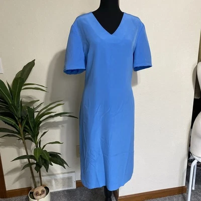 Vestido Vaina SHOMI DE Colección 100% Seda Para Mujer’s 14 Azul Cuello Midi Diseñador Elegante ** Foto 1 de 4