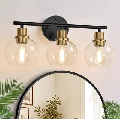 Indoi 3-Light Bathroom Vanity Light Fixture Black&Gold Glass Globe Shade 1615V - Image 1 of 4