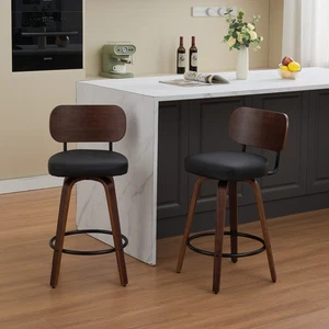 2X Black PU Barstools 26" Swivel Counter Height Bar Chairs W/Back Bent Wood Legs - Picture 1 of 20