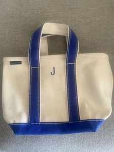Borsa Eddie Bauer tela di cotone piccola avorio blu bordo lettera J 2 manico - Foto 1 di 7