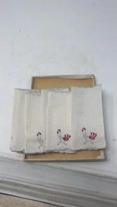 VTG Set 6 Madeira Linen Cocktail Napkins Lot Hand Embroidered Rooster Chicken - Picture 1 of 5