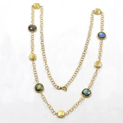 Collana lunga 30" in argento 925 placcato oro con pietre preziose per feste... - Immagine 1 di 4