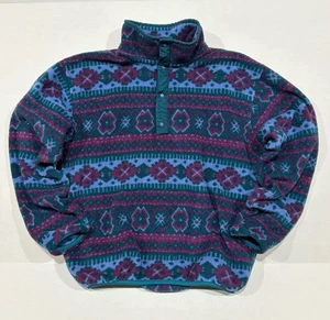 Vintage 90s LL Bean Fleece Pullover Aztec Print Retro 1/4 Snap Youth Kids Size L - Picture 1 of 11