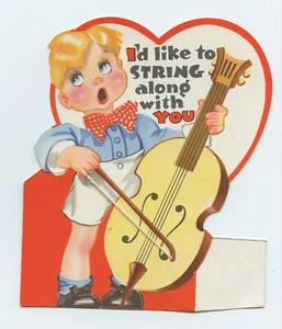 I'D LIKE TO STRING ALONG WITH YOU Vintage Stand-Up Valentines Card - Picture 1 of 2