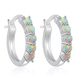 Hawaii White Fire Opal Small Hoop Earrings Silver Filled For Women Girls - Picture 1 of 7