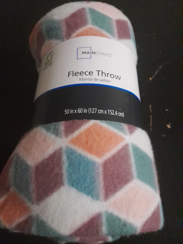 MainStay Geometrical Cubes Aquamarine, orange, mauve Theme 50x60 fleece throw - Image 1 of 1