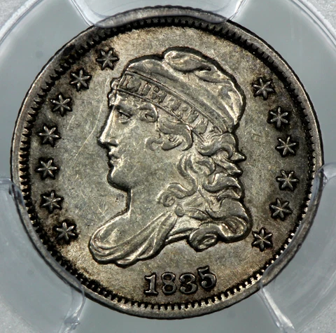 PCGS AU55 1835  SMALL DATE SMALL 5  CAPPED BUST SILVER HALF DIME H10c    (BC87) Cover